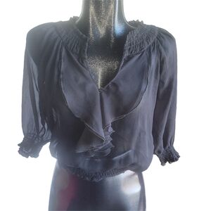 UK2LA Sheer Black Short Sleeve Ruffled Neckline Top S